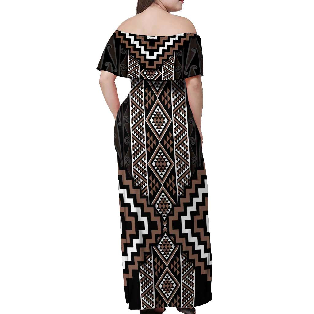 Classic Tukutuku Pattern Aotearoa Off Shoulder Maxi Dress Niho Taniwha and Puhoro Motifs