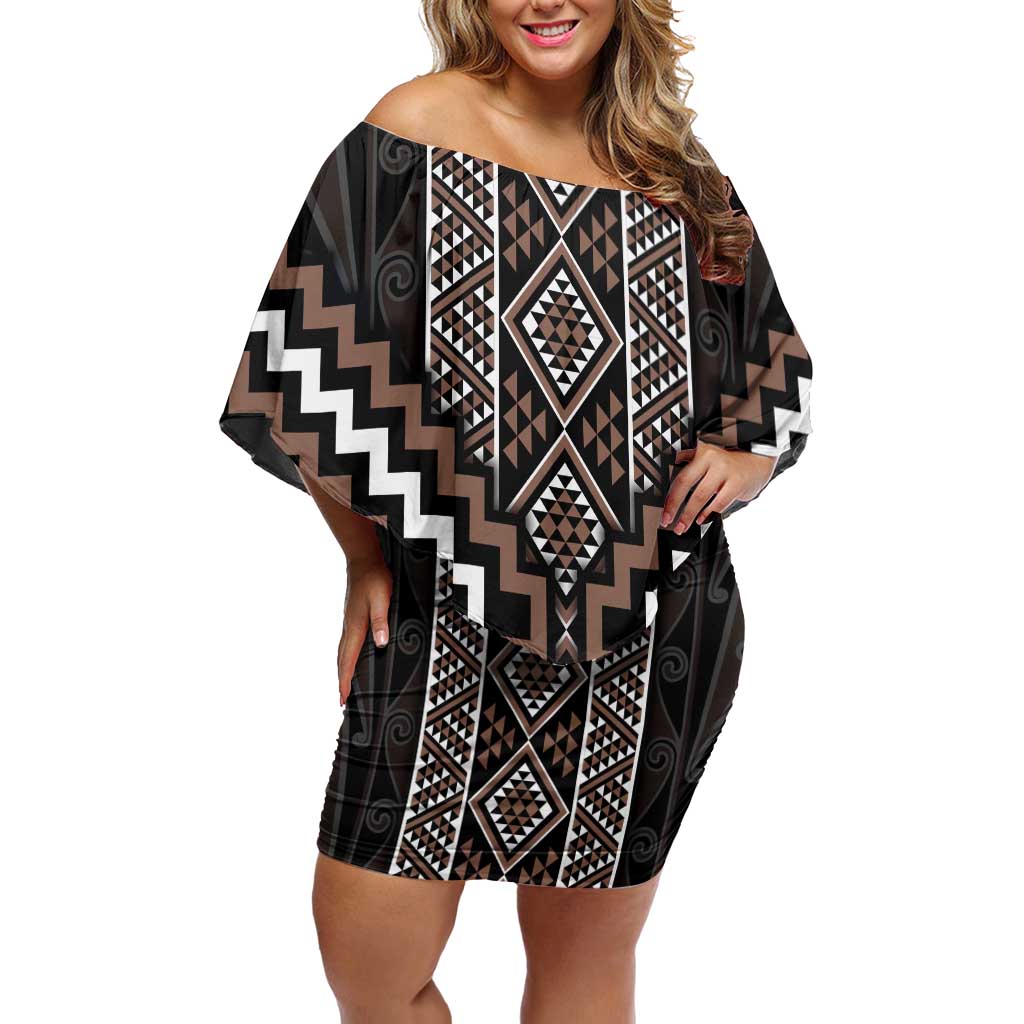 Classic Tukutuku Pattern Aotearoa Off Shoulder Short Dress Niho Taniwha and Puhoro Motifs