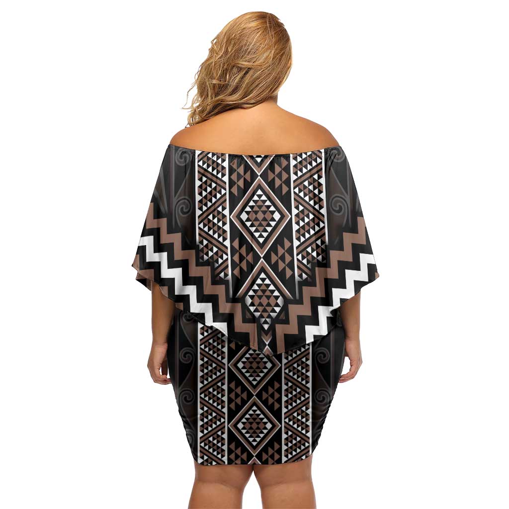 Classic Tukutuku Pattern Aotearoa Off Shoulder Short Dress Niho Taniwha and Puhoro Motifs