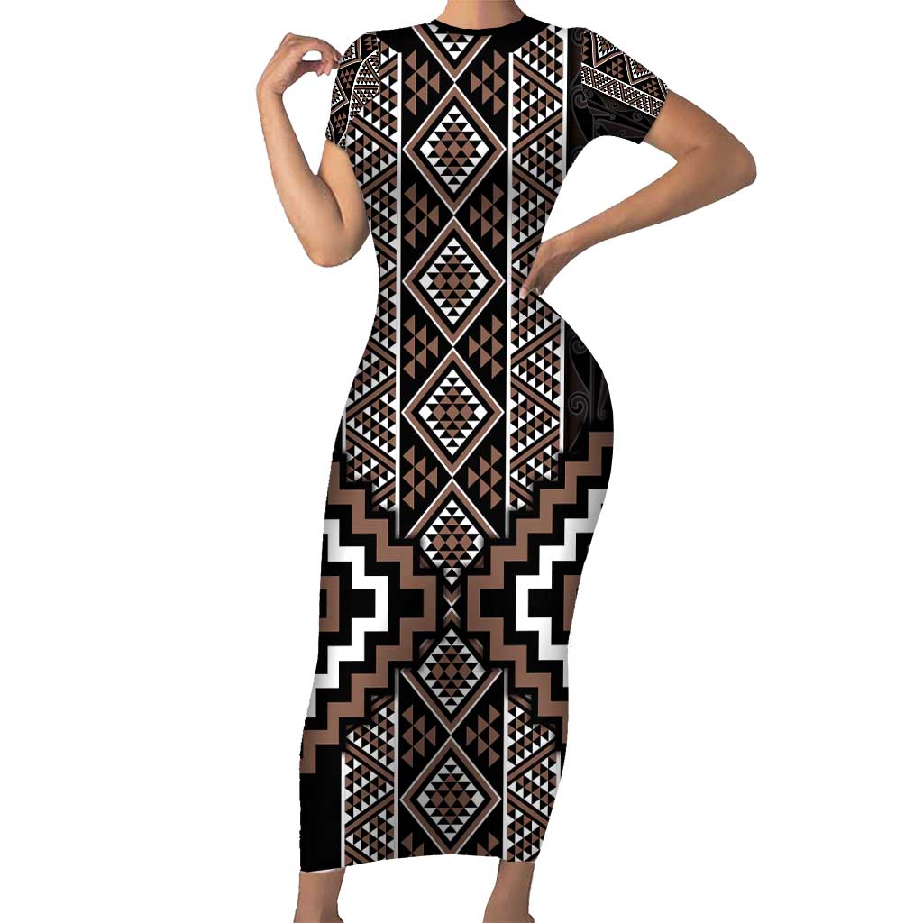 Classic Tukutuku Pattern Aotearoa Short Sleeve Bodycon Dress Niho Taniwha and Puhoro Motifs