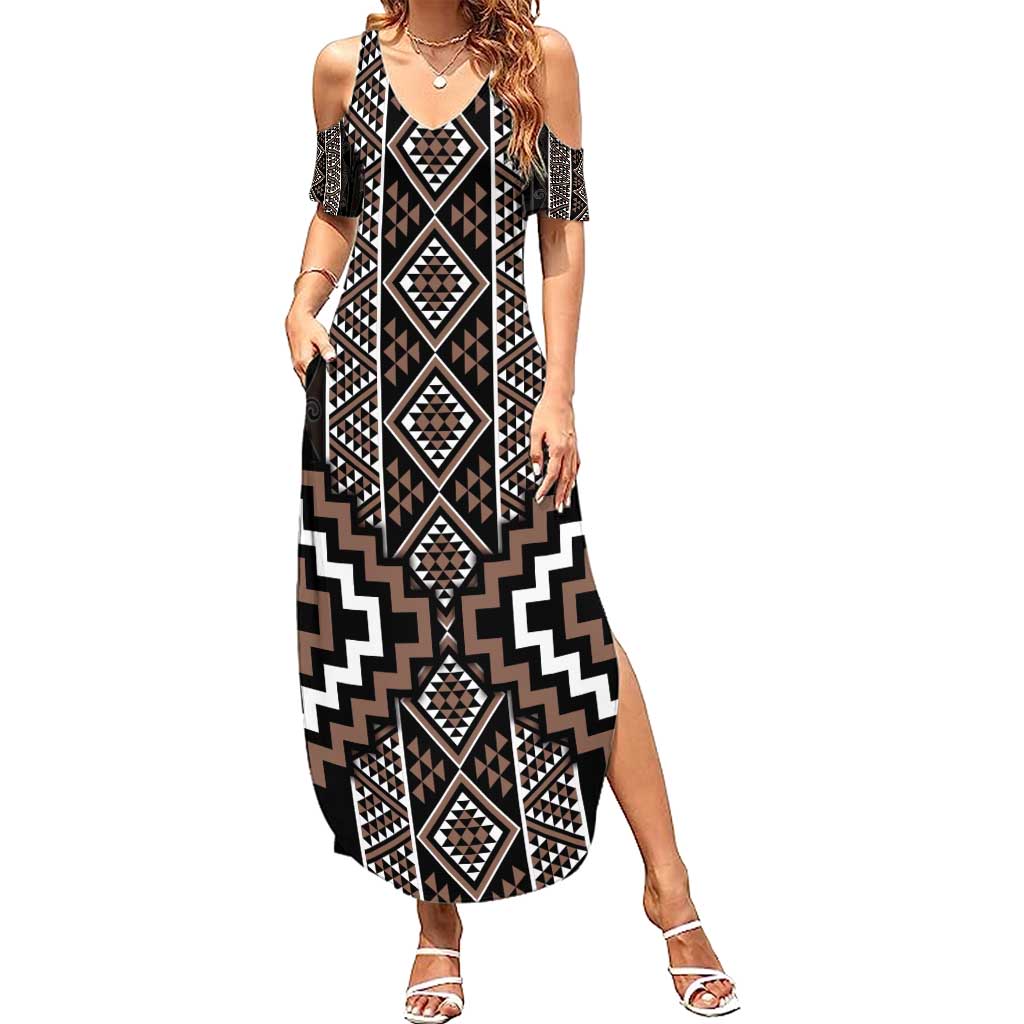 Classic Tukutuku Pattern Aotearoa Summer Maxi Dress Niho Taniwha and Puhoro Motifs