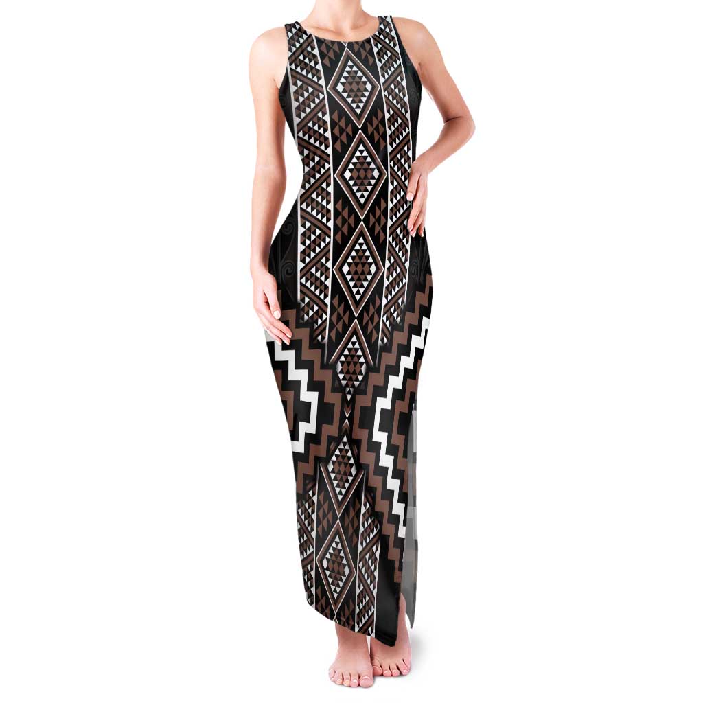 Classic Tukutuku Pattern Aotearoa Tank Maxi Dress Niho Taniwha and Puhoro Motifs