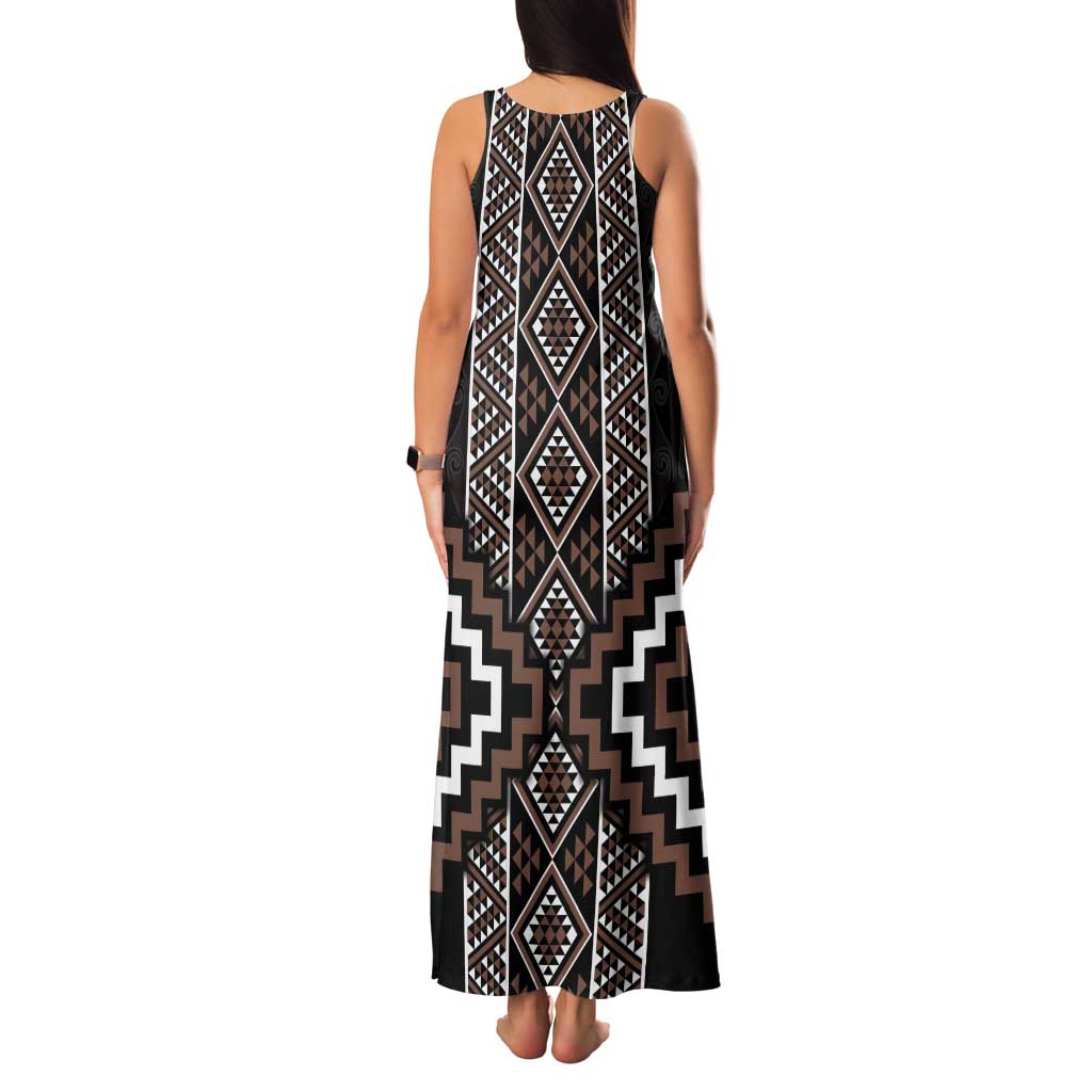 Classic Tukutuku Pattern Aotearoa Tank Maxi Dress Niho Taniwha and Puhoro Motifs