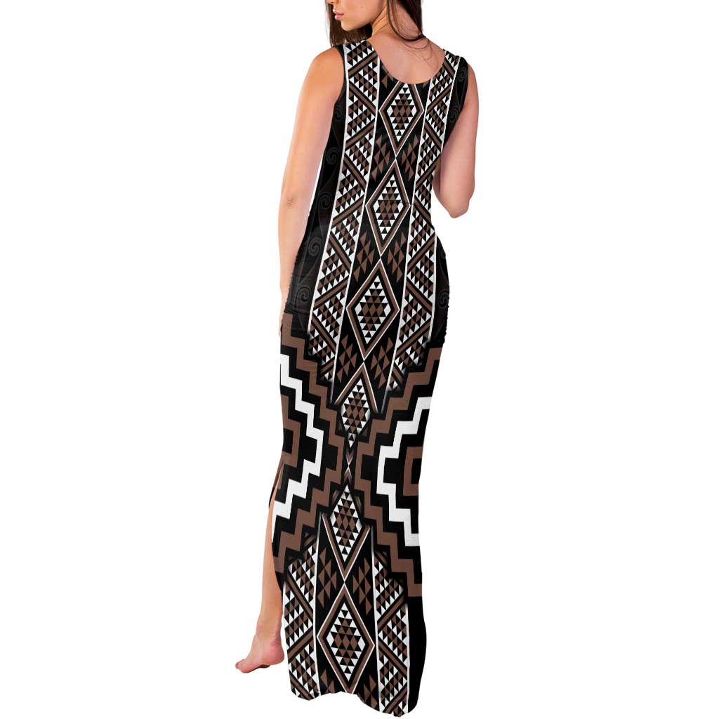 Classic Tukutuku Pattern Aotearoa Tank Maxi Dress Niho Taniwha and Puhoro Motifs