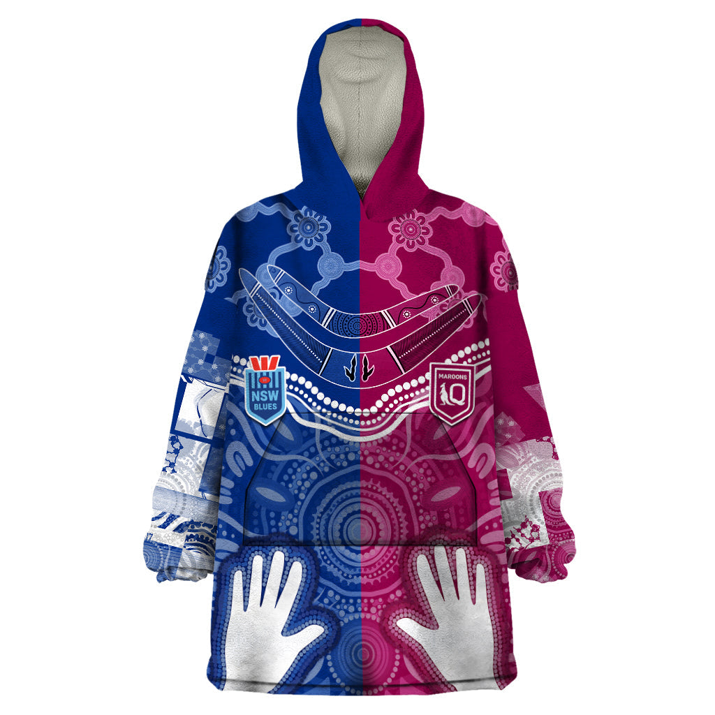 Personalised QLD Maroons Mix NSW Blues Indigenous Wearable Blanket Hoodie Rugby State of Origin - Vibe Hoodie Shop