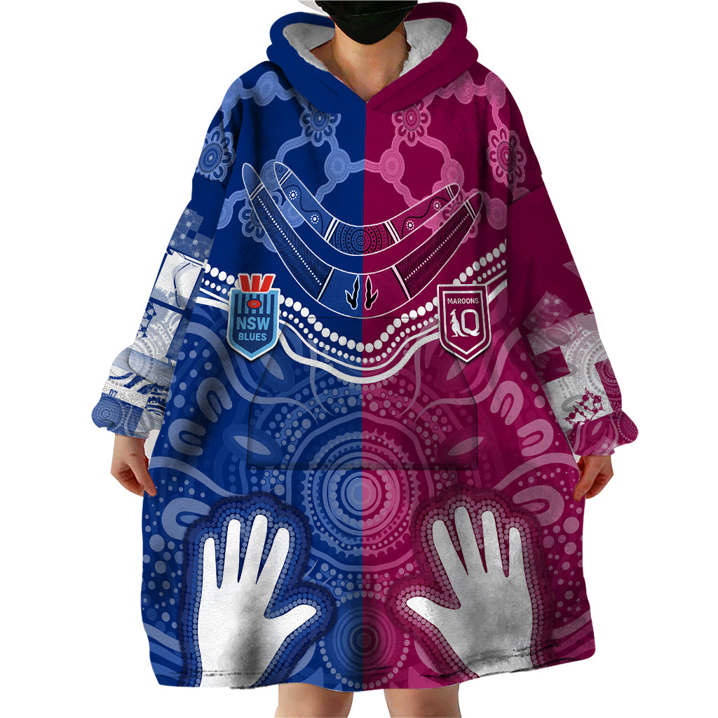 Personalised QLD Maroons Mix NSW Blues Indigenous Wearable Blanket Hoodie Rugby State of Origin - Vibe Hoodie Shop