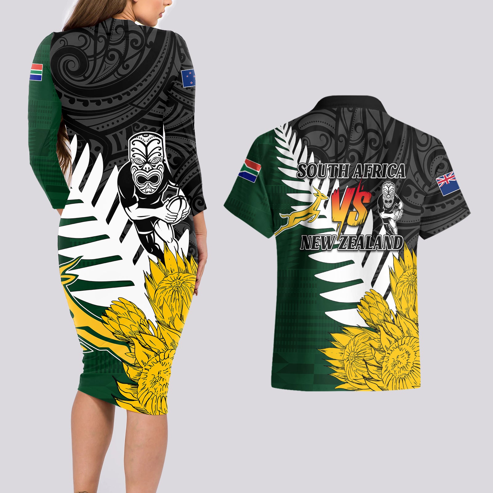 personalised-new-zealand-vs-south-africa-rugby-couples-matching-long-sleeve-bodycon-dress-and-hawaiian-shirt-rivals-tribal-style