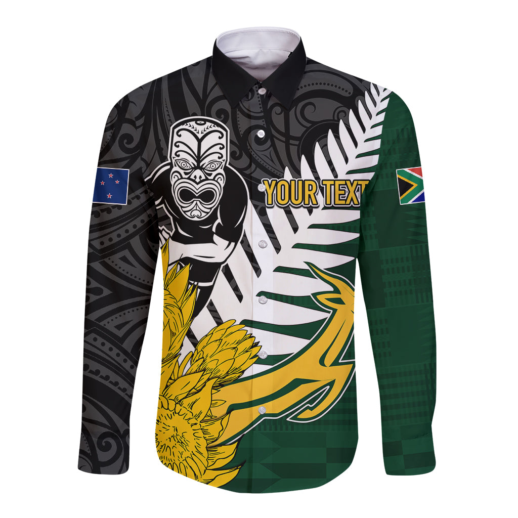 Personalised New Zealand Vs South Africa Rugby Long Sleeve Button Shirt Rivals - Tribal Style - Vibe Hoodie Shop