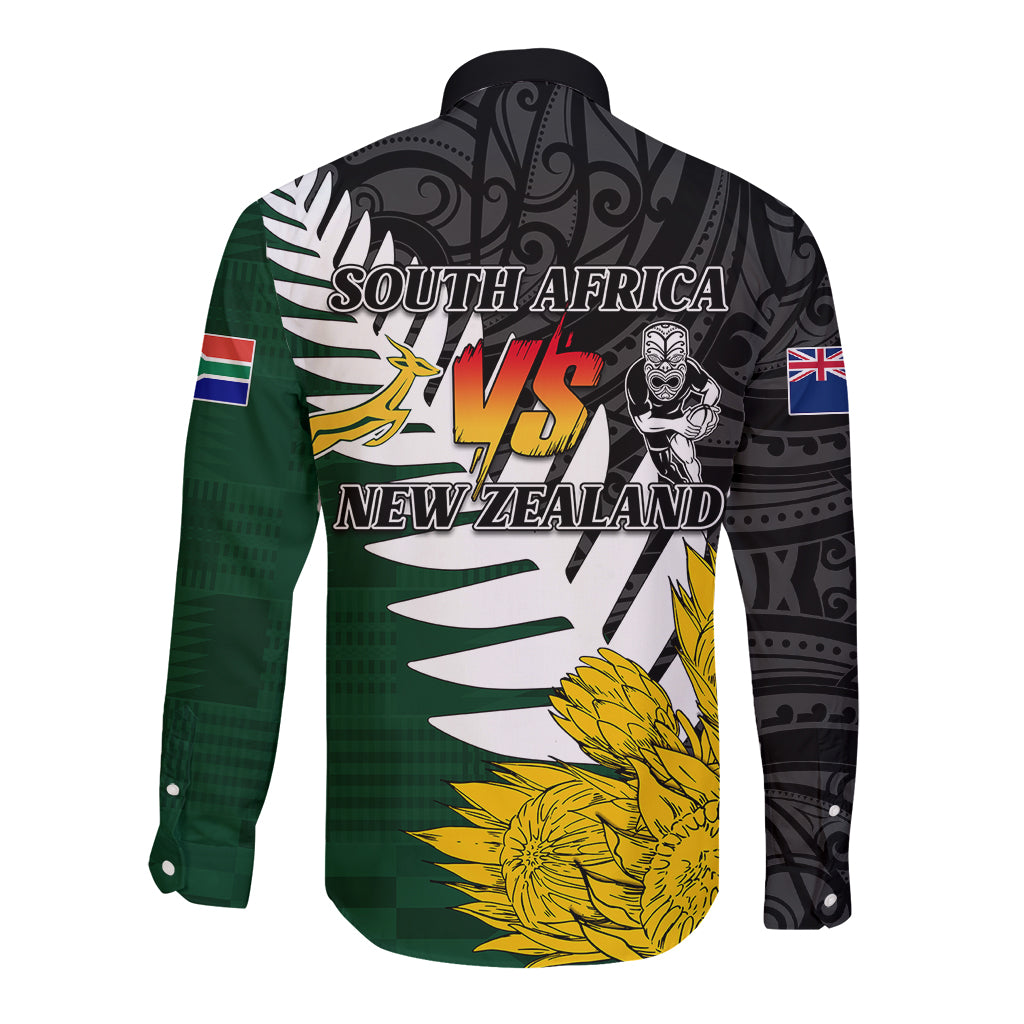 Personalised New Zealand Vs South Africa Rugby Long Sleeve Button Shirt Rivals - Tribal Style - Vibe Hoodie Shop