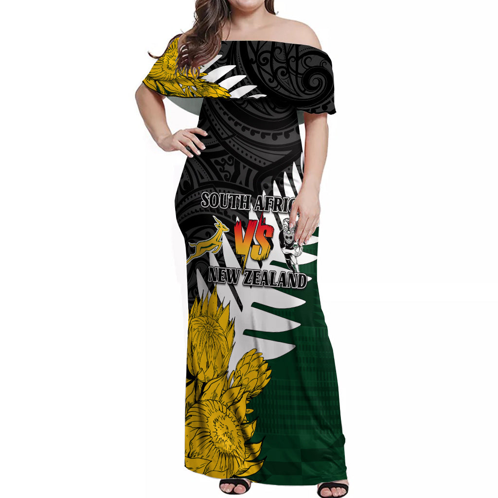 Personalised New Zealand Vs South Africa Rugby Off Shoulder Maxi Dress Rivals - Tribal Style - Vibe Hoodie Shop