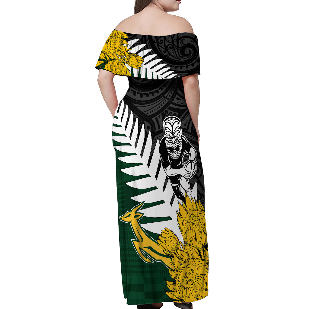 Personalised New Zealand Vs South Africa Rugby Off Shoulder Maxi Dress Rivals - Tribal Style - Vibe Hoodie Shop