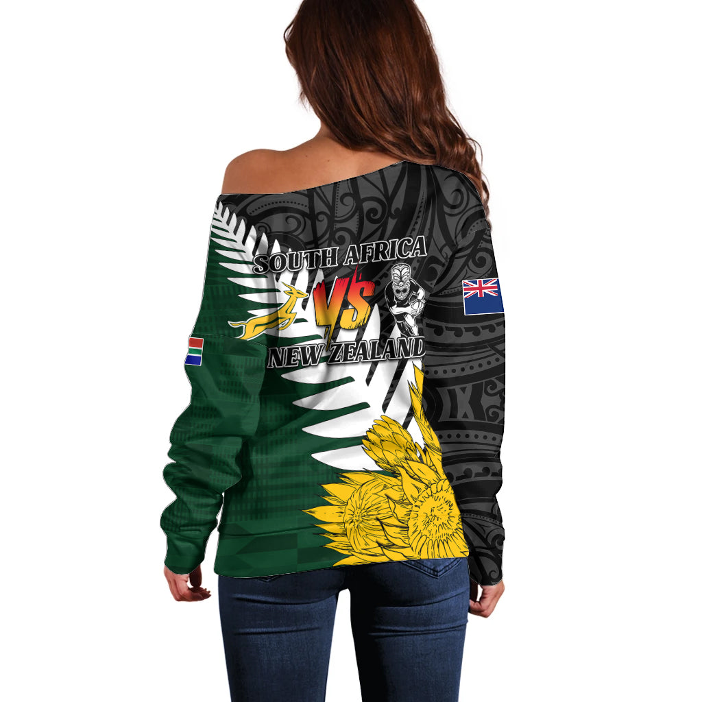 Personalised New Zealand Vs South Africa Rugby Off Shoulder Sweater Rivals - Tribal Style - Vibe Hoodie Shop