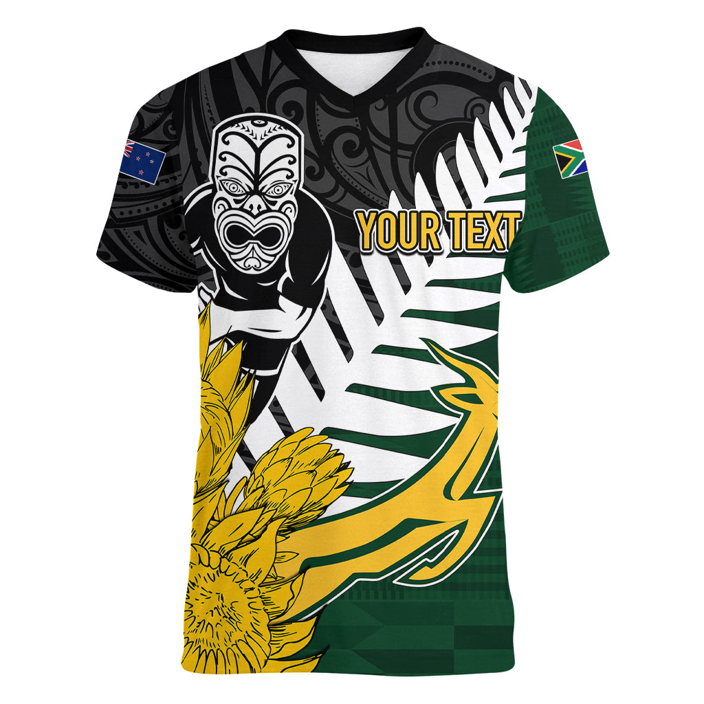 Personalised New Zealand Vs South Africa Rugby Women V Neck T Shirt Rivals - Tribal Style - Vibe Hoodie Shop