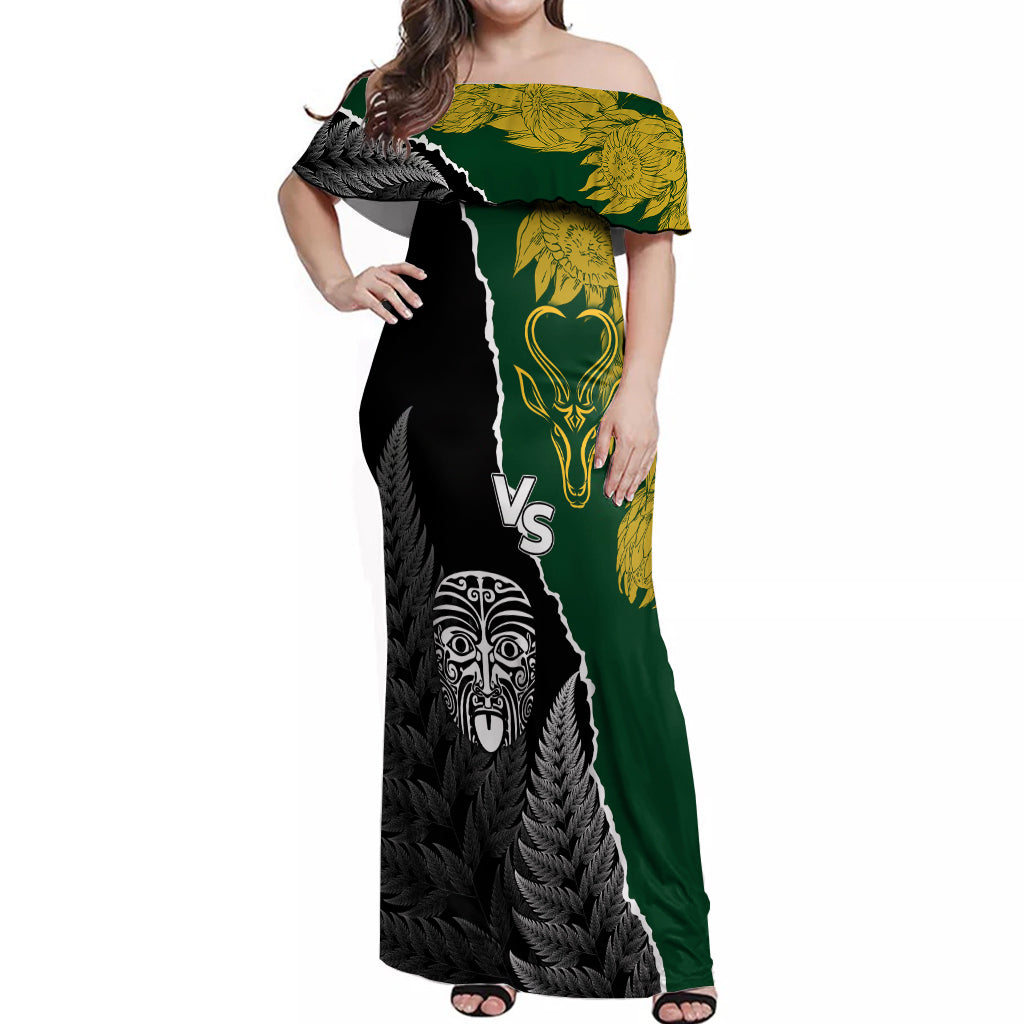 Personalised New Zealand Vs South Africa Rugby Off Shoulder Maxi Dress Rivals Dynamics - Vibe Hoodie Shop