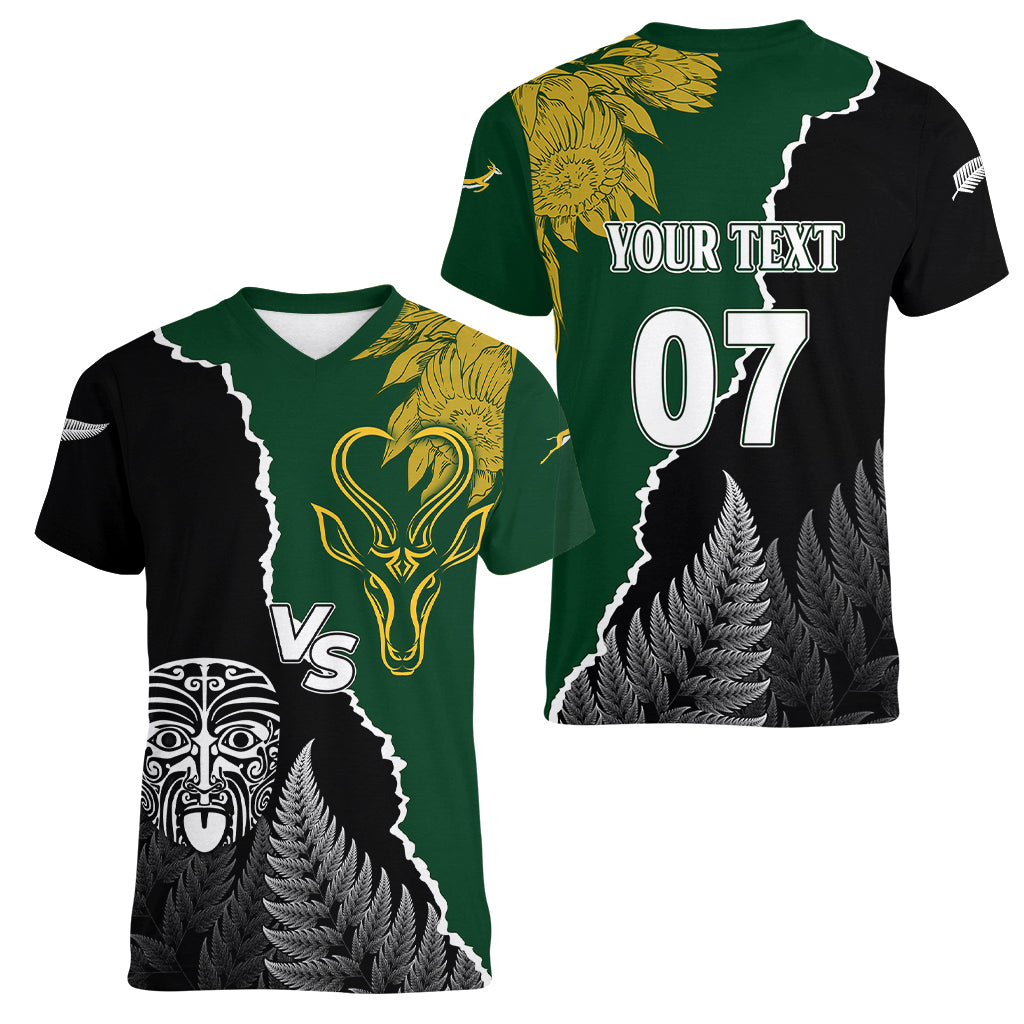 Personalised New Zealand Vs South Africa Rugby Women V Neck T Shirt Rivals Dynamics - Vibe Hoodie Shop