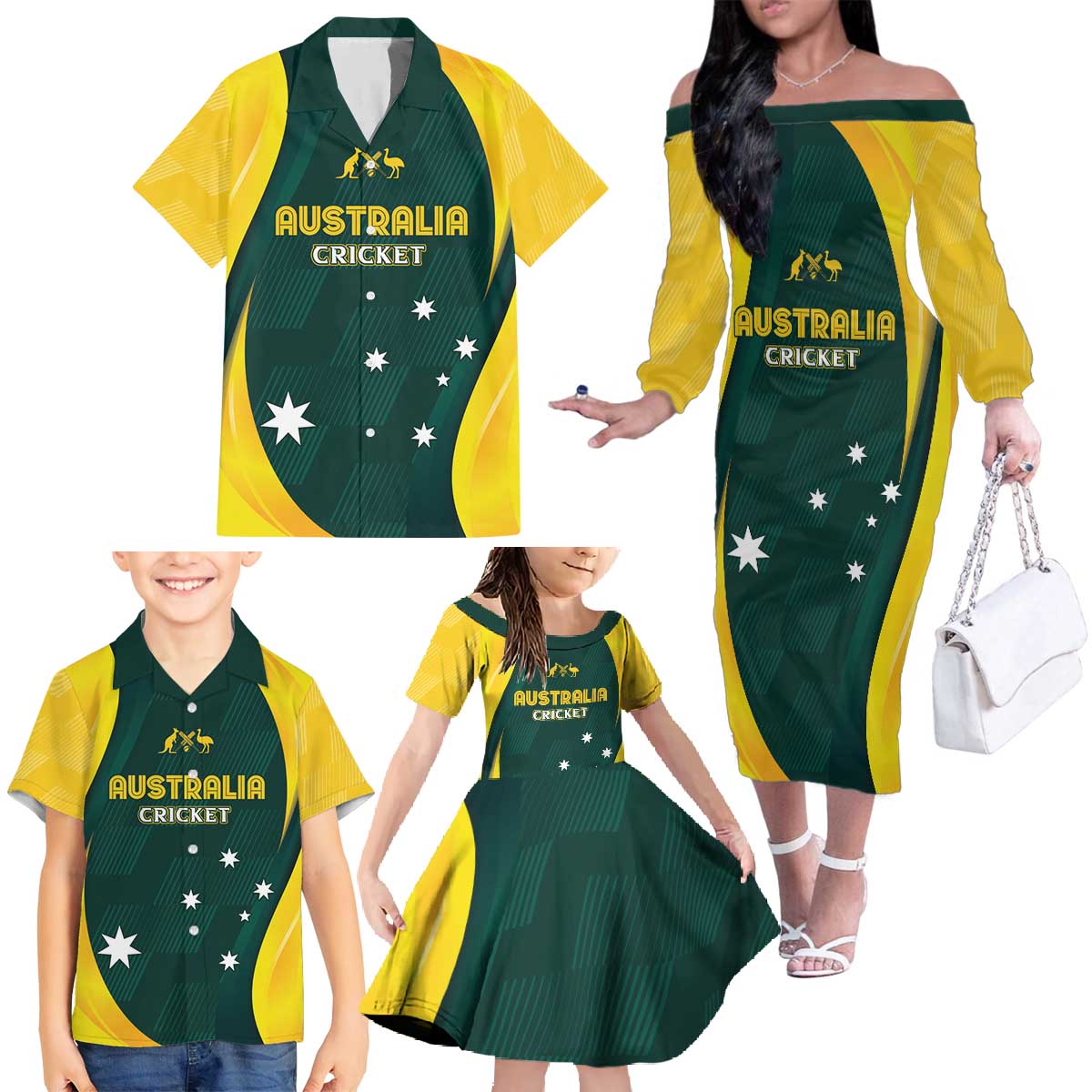 Australia Cricket Custom Family Matching Off The Shoulder Long Sleeve Dress and Hawaiian Shirt GO Aussie - Modern Motif