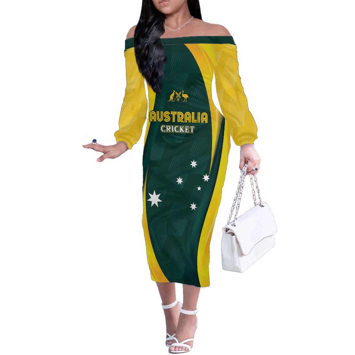 Australia Cricket Custom Family Matching Off The Shoulder Long Sleeve Dress and Hawaiian Shirt GO Aussie - Modern Motif