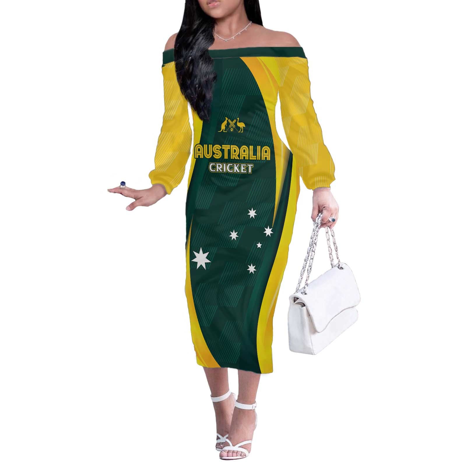 Australia Cricket Custom Off The Shoulder Long Sleeve Dress GO Aussie - Modern Motif