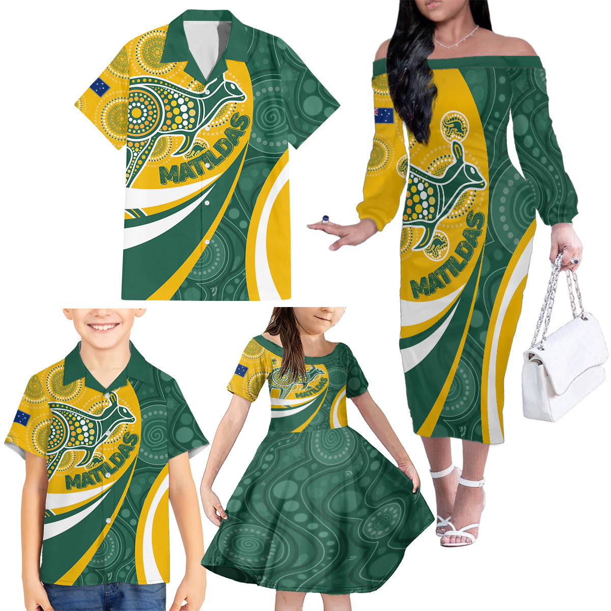 custom-australia-matildas-indigenous-family-matching-off-shoulder-long-sleeve-dress-and-hawaiian-shirt-go-tilly-special