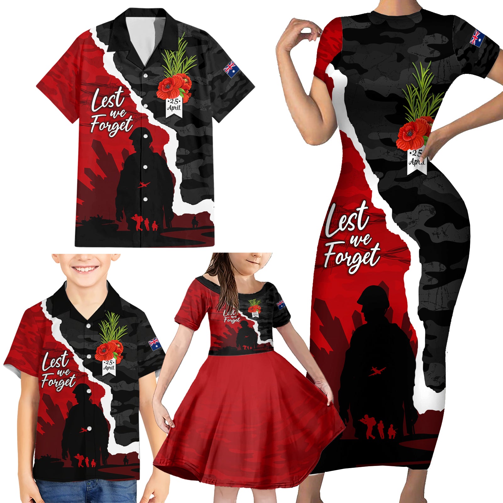 Anzac Day Camouflage Family Matching Short Sleeve Bodycon Dress and Hawaiian Shirt Ode of Remembrance