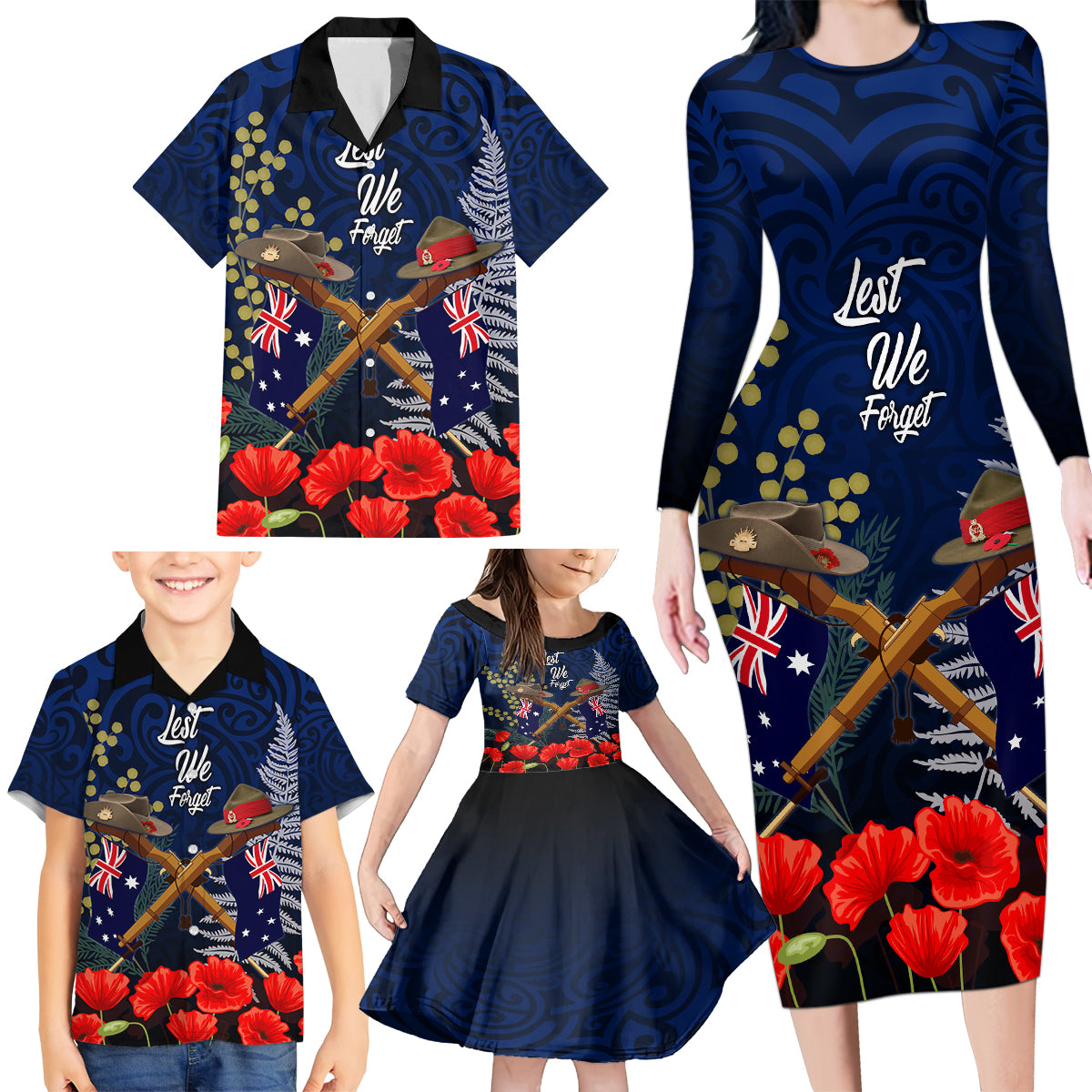 Anzac Day Aussie Mix Maori In Memories Family Matching Long Sleeve Bodycon Dress and Hawaiian Shirt