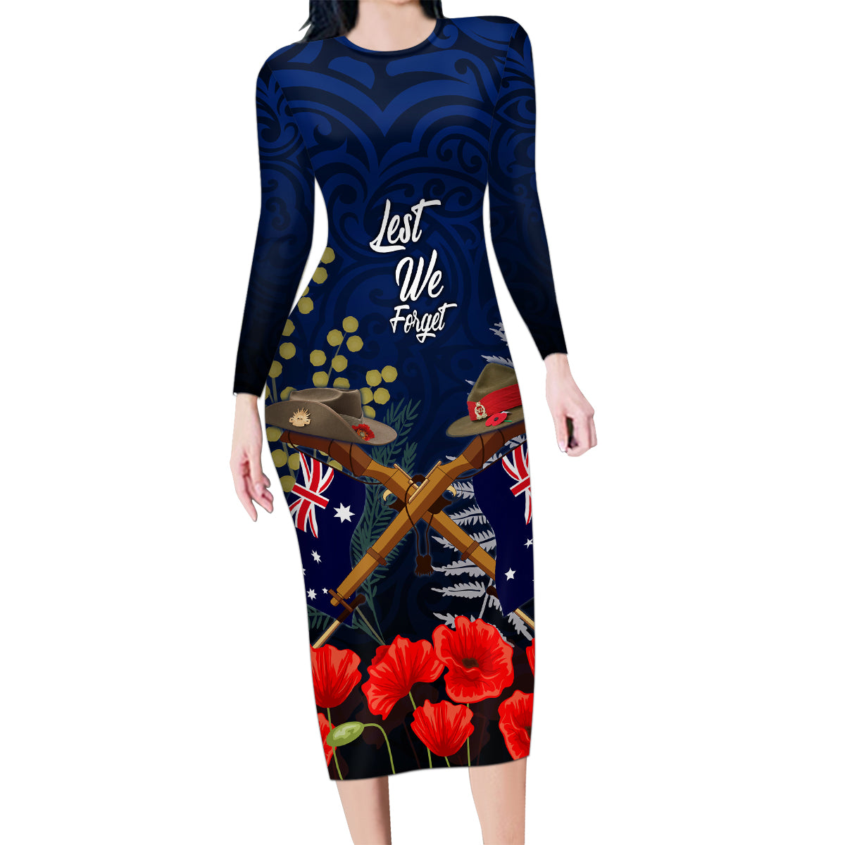 Anzac Day Aussie Mix Maori In Memories Family Matching Long Sleeve Bodycon Dress and Hawaiian Shirt