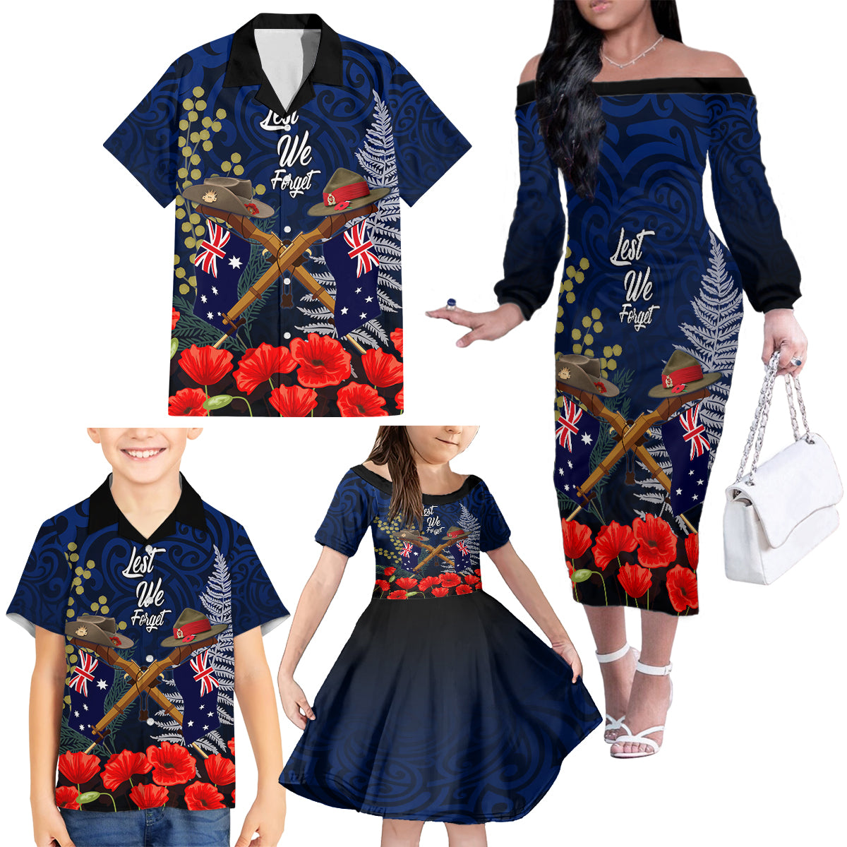 Anzac Day Aussie Mix Maori In Memories Family Matching Off Shoulder Long Sleeve Dress and Hawaiian Shirt