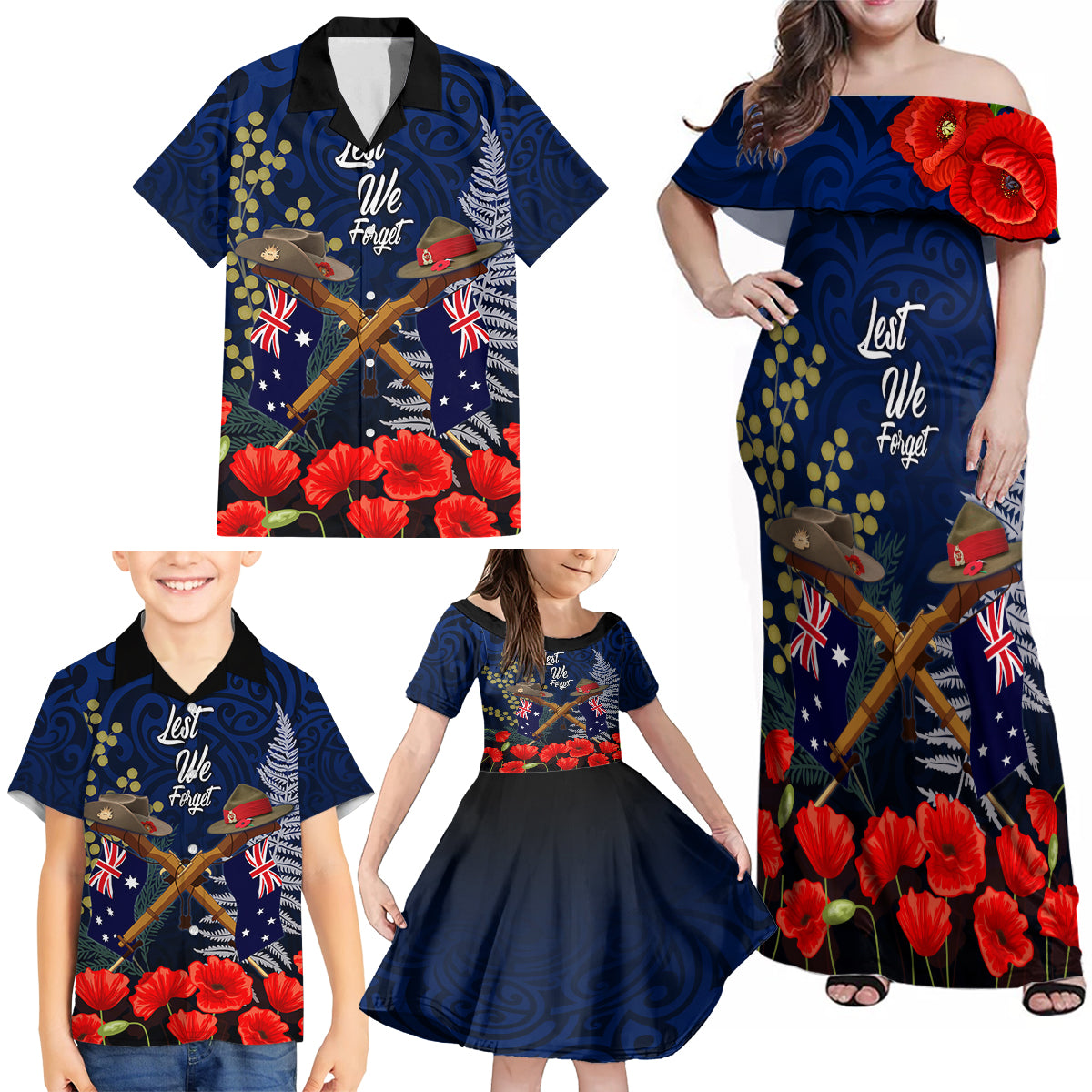 Anzac Day Aussie Mix Maori In Memories Family Matching Off Shoulder Maxi Dress and Hawaiian Shirt