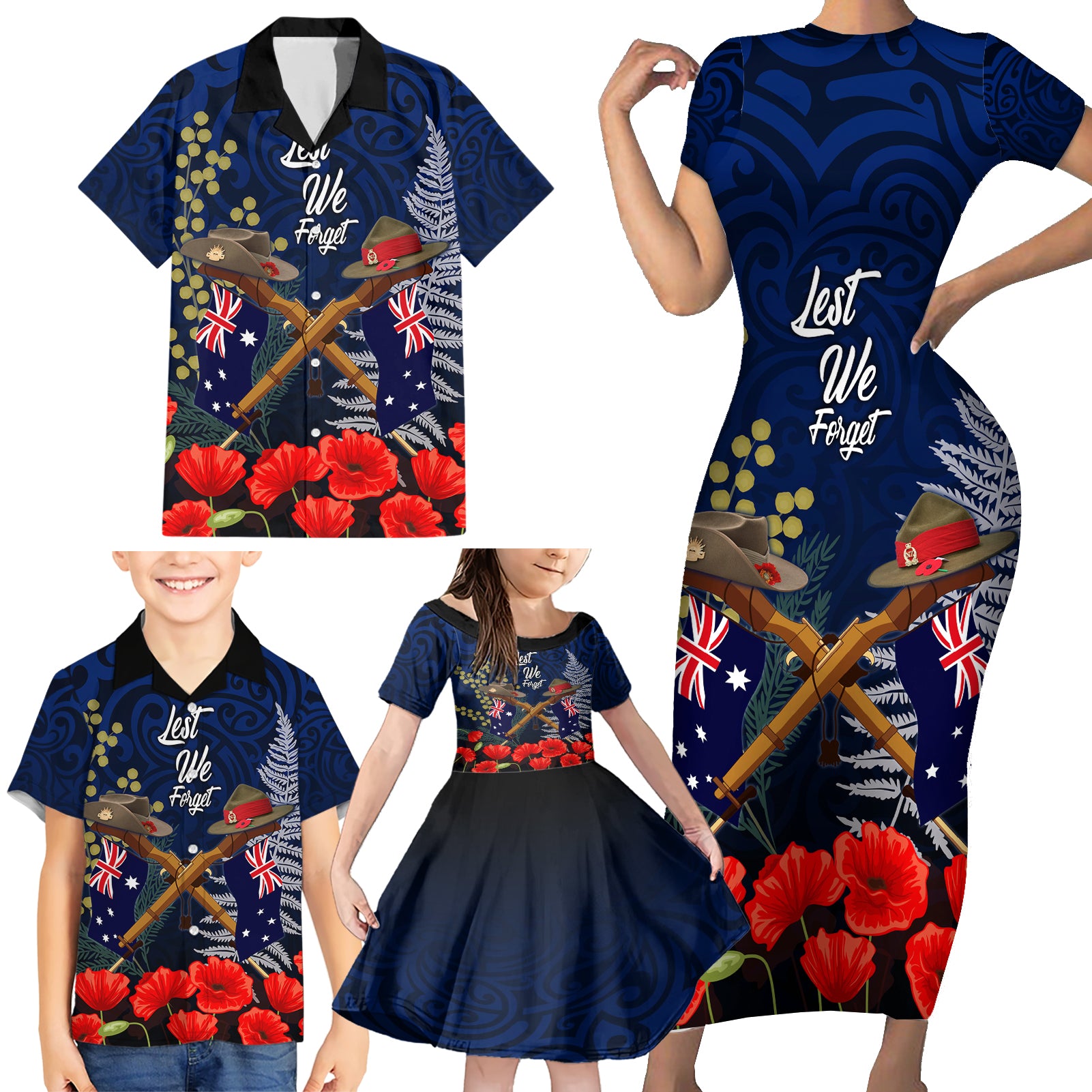 Anzac Day Aussie Mix Maori In Memories Family Matching Short Sleeve Bodycon Dress and Hawaiian Shirt