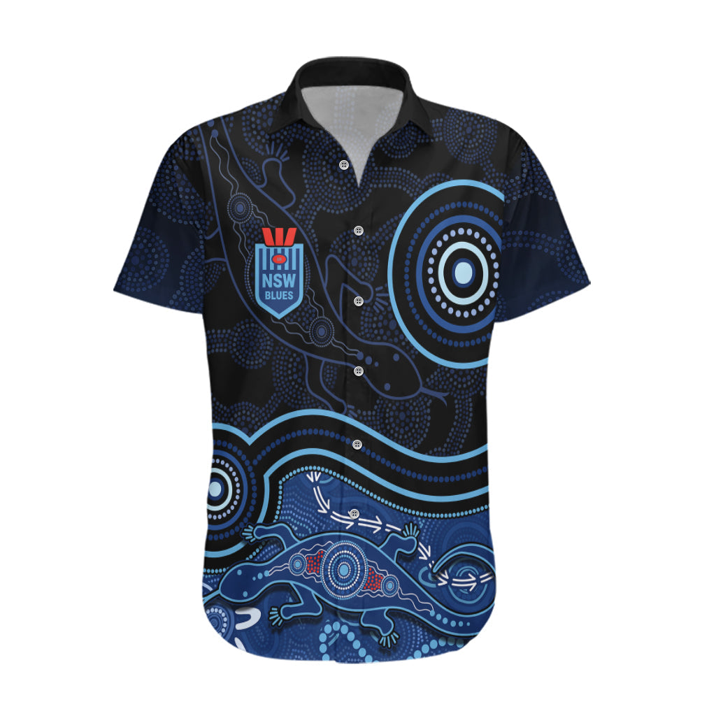 Personalised NSW Blues Rugby Indigenous Hawaiian Shirt Lizard Aboriginal Dot Art - Vibe Hoodie Shop