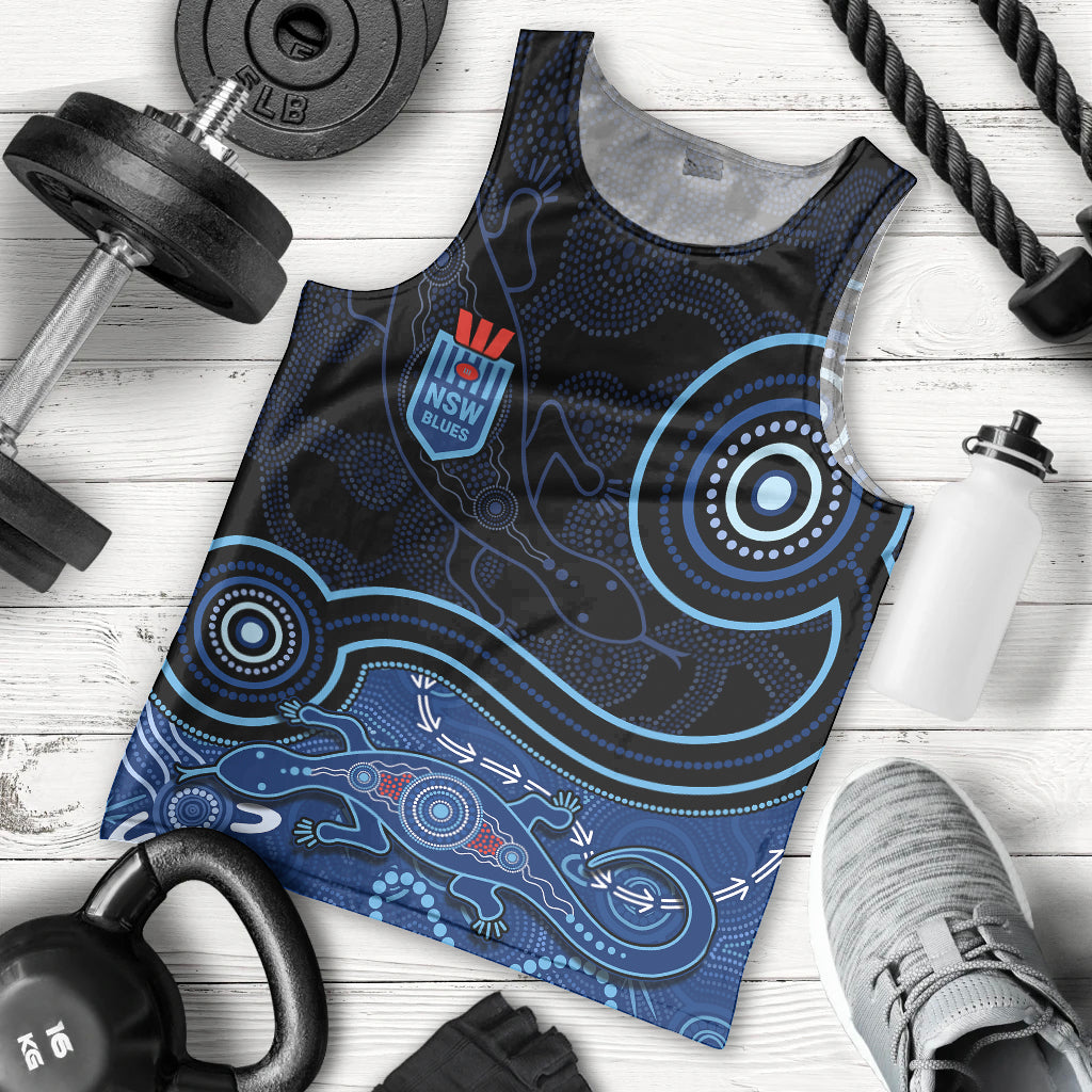 Personalised NSW Blues Rugby Indigenous Men Tank Top Lizard Aboriginal Dot Art - Vibe Hoodie Shop