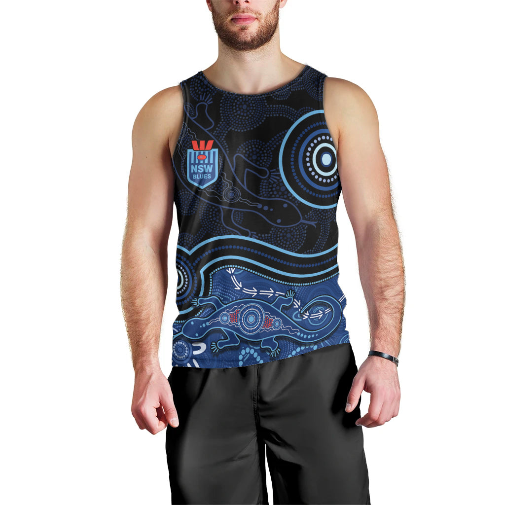Personalised NSW Blues Rugby Indigenous Men Tank Top Lizard Aboriginal Dot Art - Vibe Hoodie Shop
