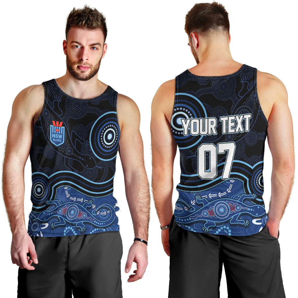 Personalised NSW Blues Rugby Indigenous Men Tank Top Lizard Aboriginal Dot Art - Vibe Hoodie Shop