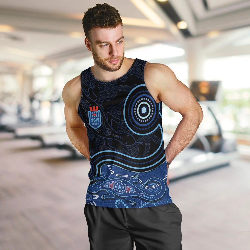 Personalised NSW Blues Rugby Indigenous Men Tank Top Lizard Aboriginal Dot Art - Vibe Hoodie Shop