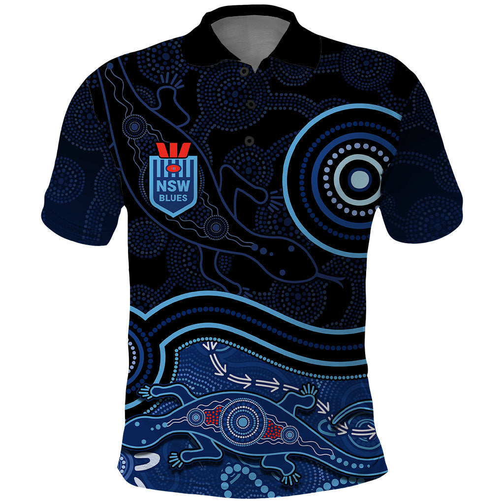 Personalised NSW Blues Rugby Indigenous Polo Shirt Lizard Aboriginal Dot Art - Vibe Hoodie Shop