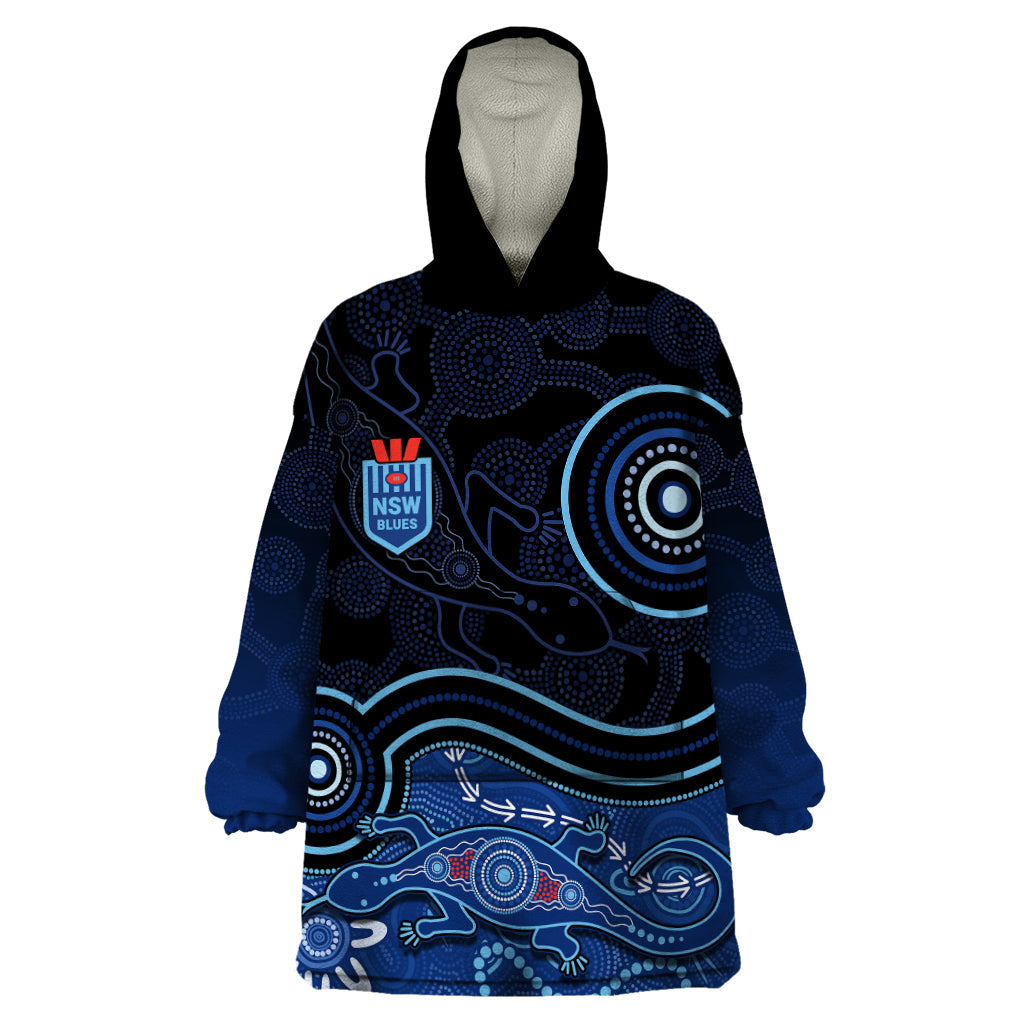 Personalised NSW Blues Rugby Indigenous Wearable Blanket Hoodie Lizard Aboriginal Dot Art - Vibe Hoodie Shop