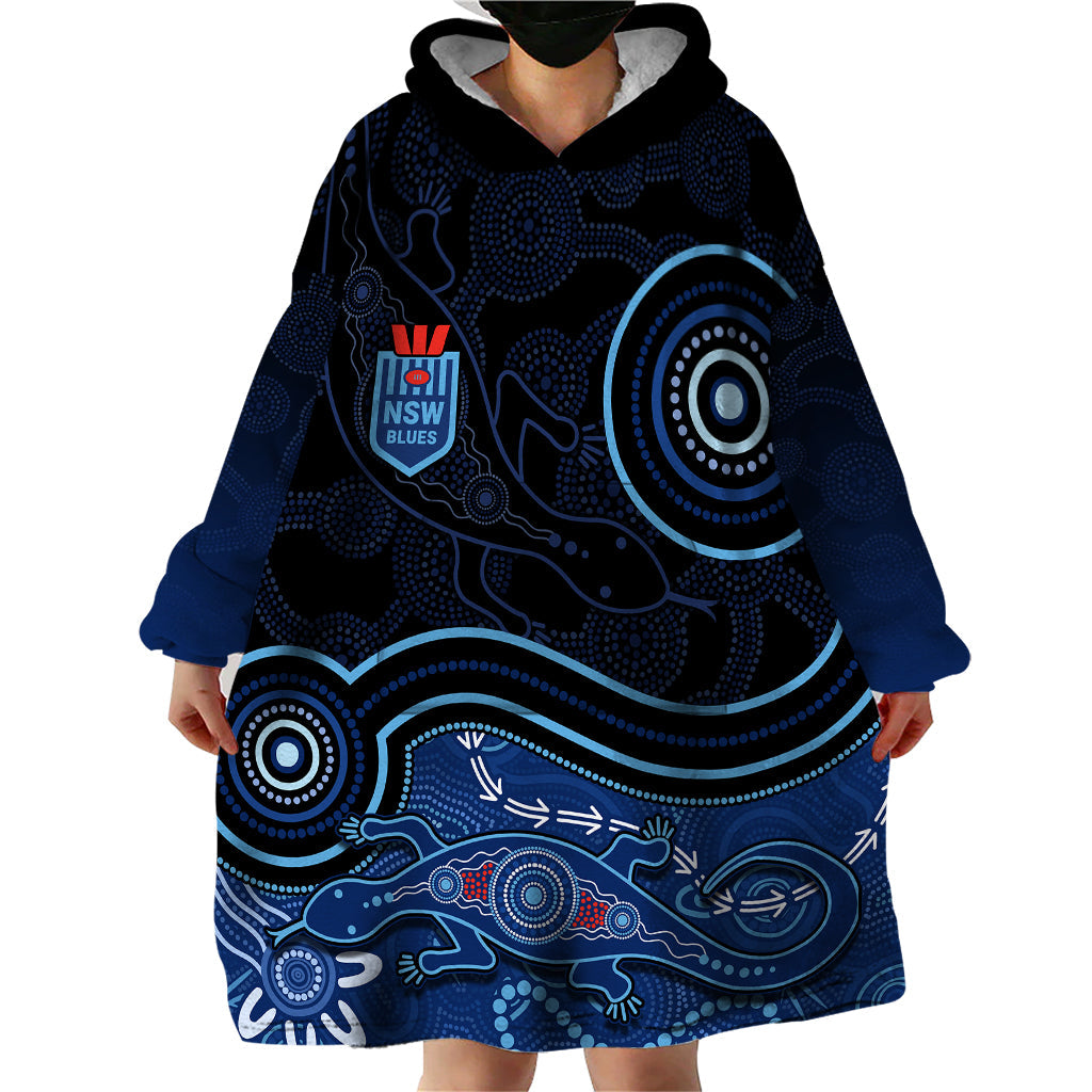 Personalised NSW Blues Rugby Indigenous Wearable Blanket Hoodie Lizard Aboriginal Dot Art - Vibe Hoodie Shop