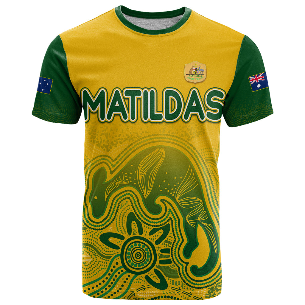 Personalised Australia Soccer Indigenous T Shirt Women World Cup 2023 Matildas Gradient Ver. - Vibe Hoodie Shop