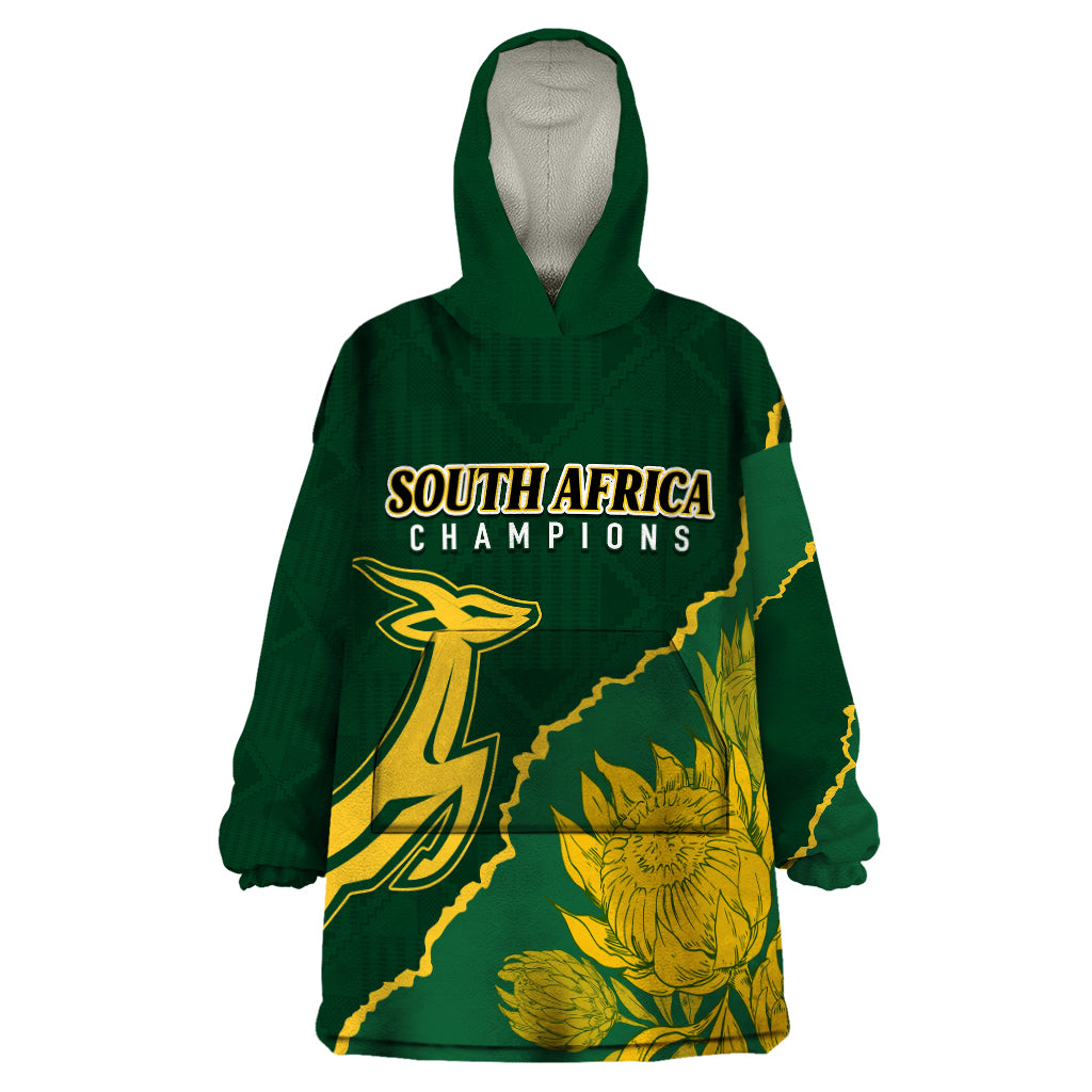 Personalised South Africa Rugby 2023 Wearable Blanket Hoodie Bokke Champions Kente Ethnic - Vibe Hoodie Shop