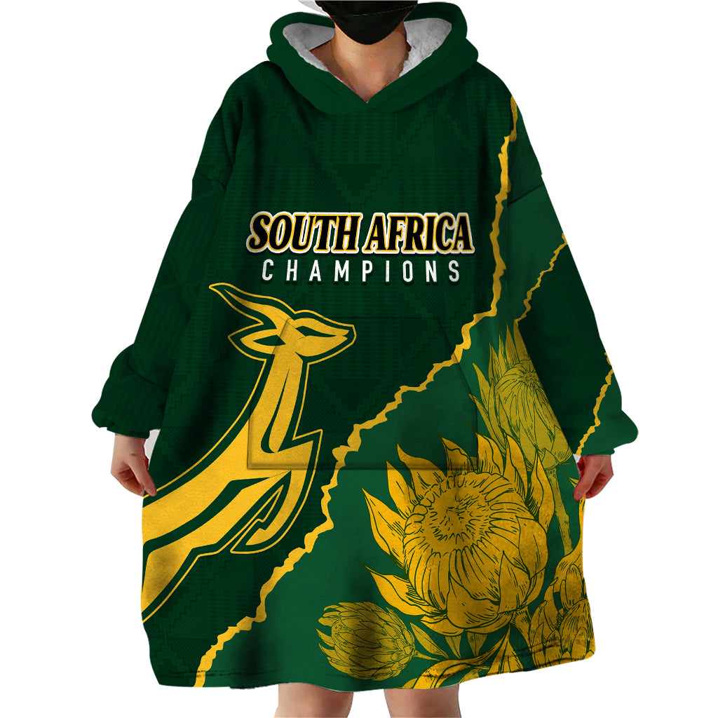 Personalised South Africa Rugby 2023 Wearable Blanket Hoodie Bokke Champions Kente Ethnic - Vibe Hoodie Shop