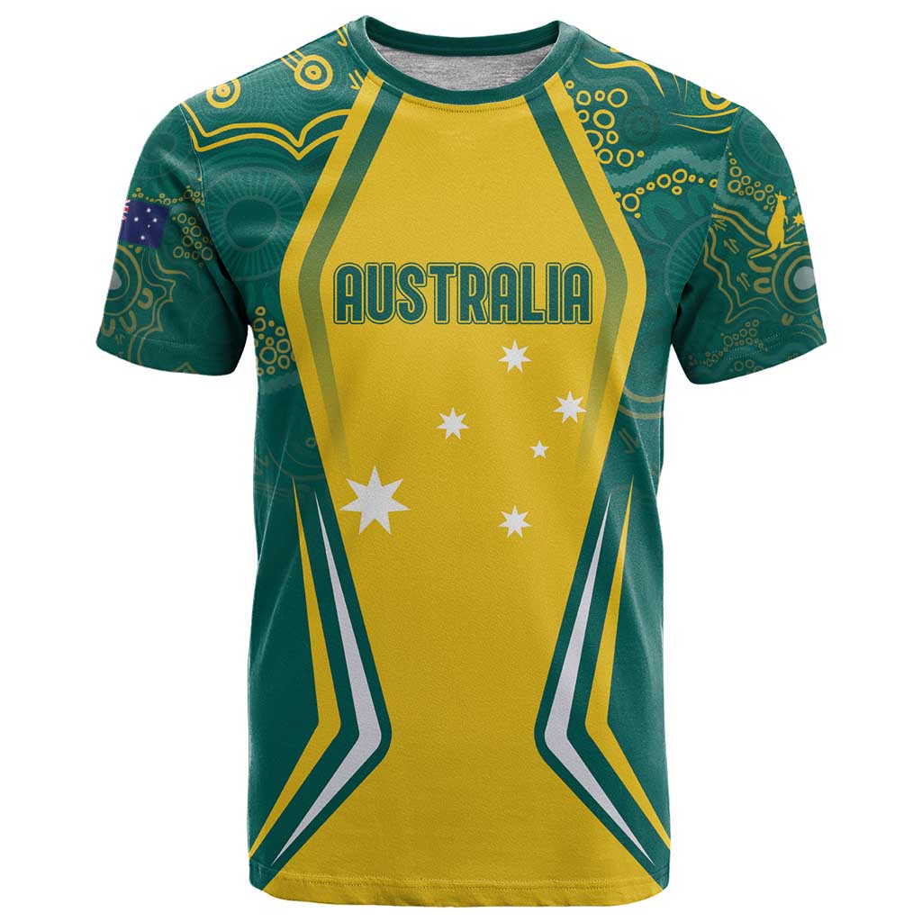 Australia 2024 Olympics Custom T Shirt Rise of the Roos Aboriginal Style - Vibe Hoodie Shop