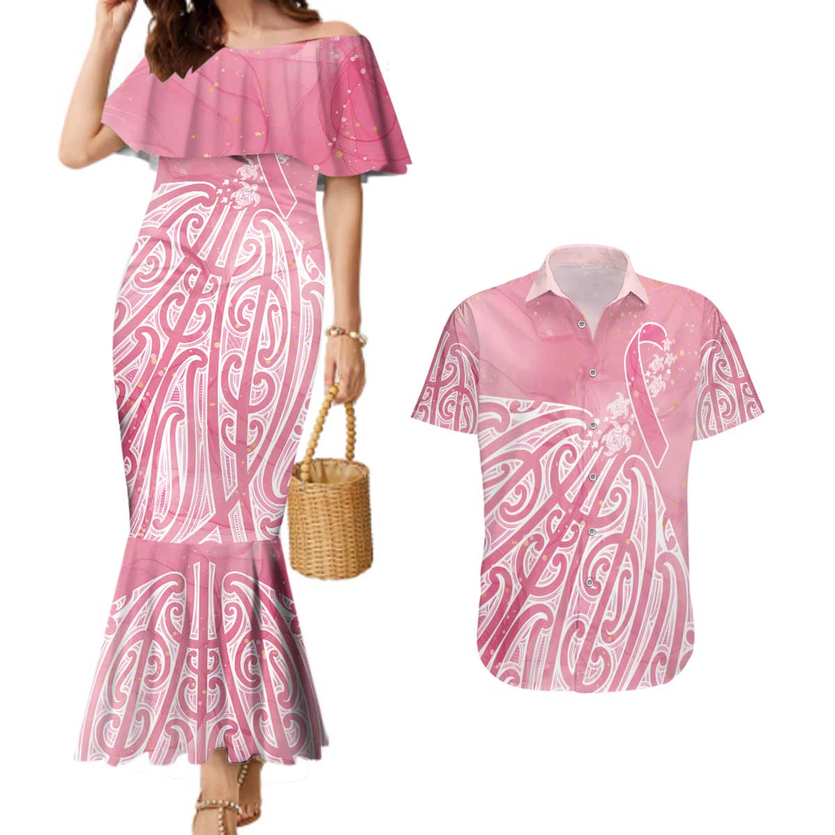 Breast Cancer Awareness Maori Couples Matching Mermaid Dress and Hawaiian Shirt Kia Kaha Kia Maia Kia Manawanui - Vibe Hoodie
