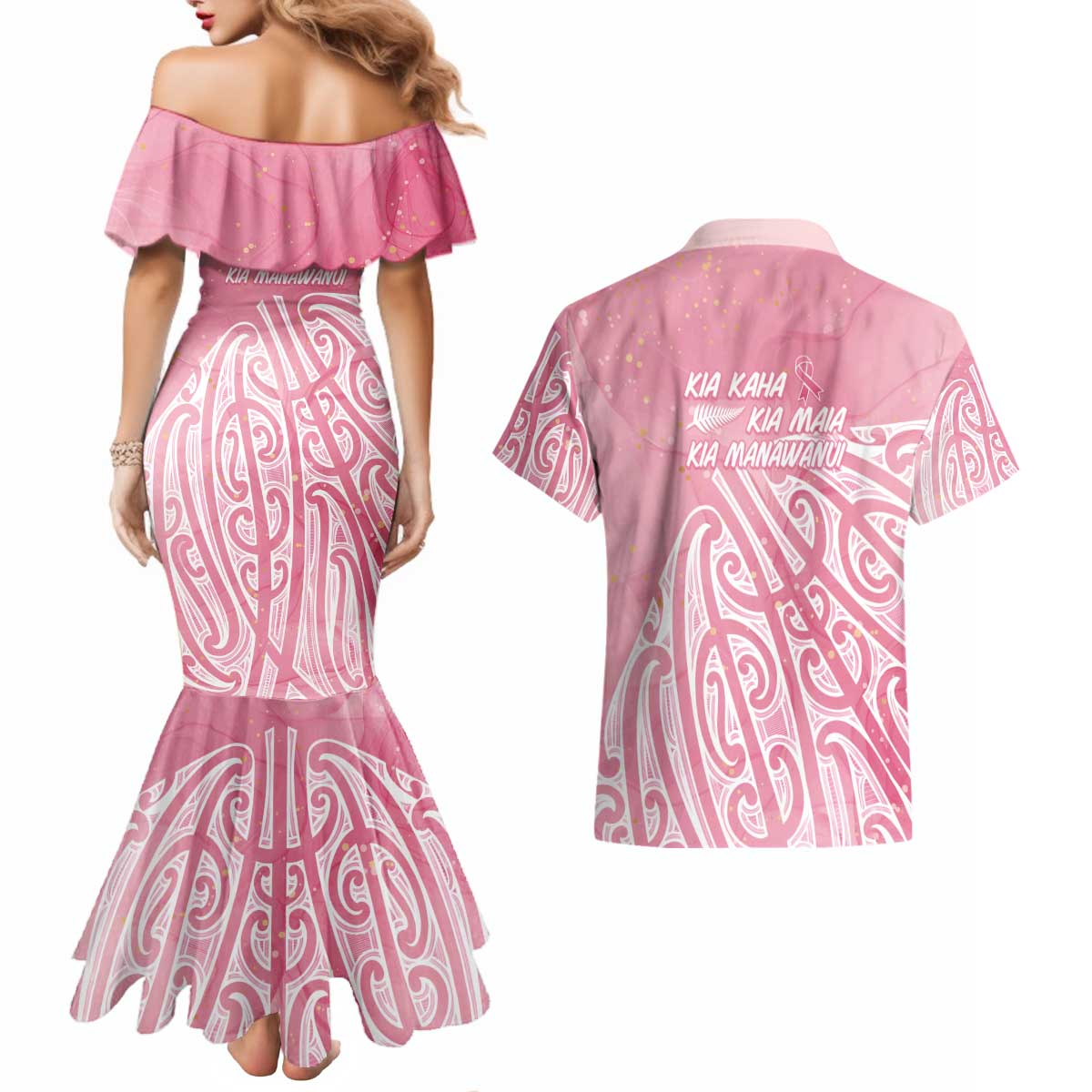 Breast Cancer Awareness Maori Couples Matching Mermaid Dress and Hawaiian Shirt Kia Kaha Kia Maia Kia Manawanui - Vibe Hoodie