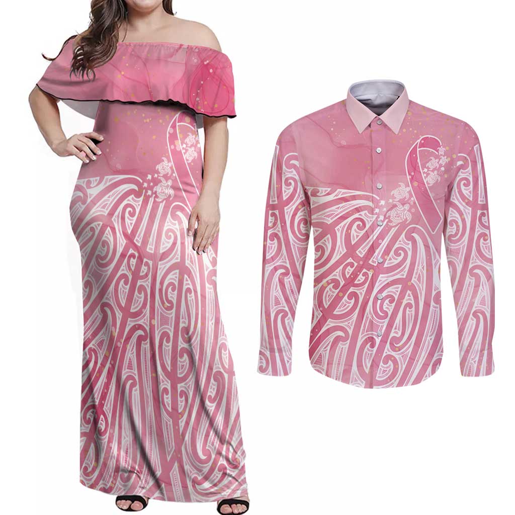 Breast Cancer Awareness Maori Couples Matching Off Shoulder Maxi Dress and Long Sleeve Button Shirt Kia Kaha Kia Maia Kia Manawanui - Vibe Hoodie