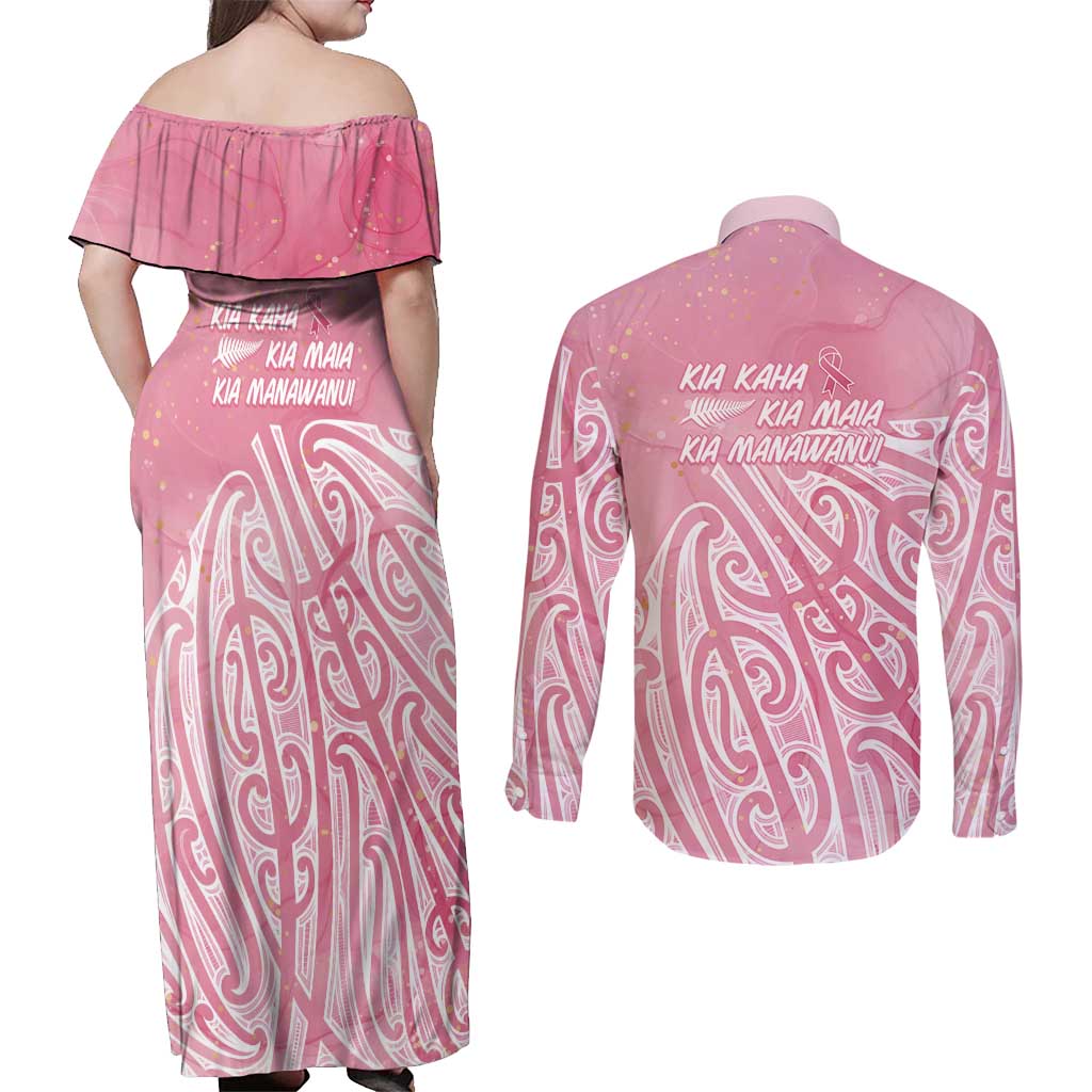 Breast Cancer Awareness Maori Couples Matching Off Shoulder Maxi Dress and Long Sleeve Button Shirt Kia Kaha Kia Maia Kia Manawanui - Vibe Hoodie