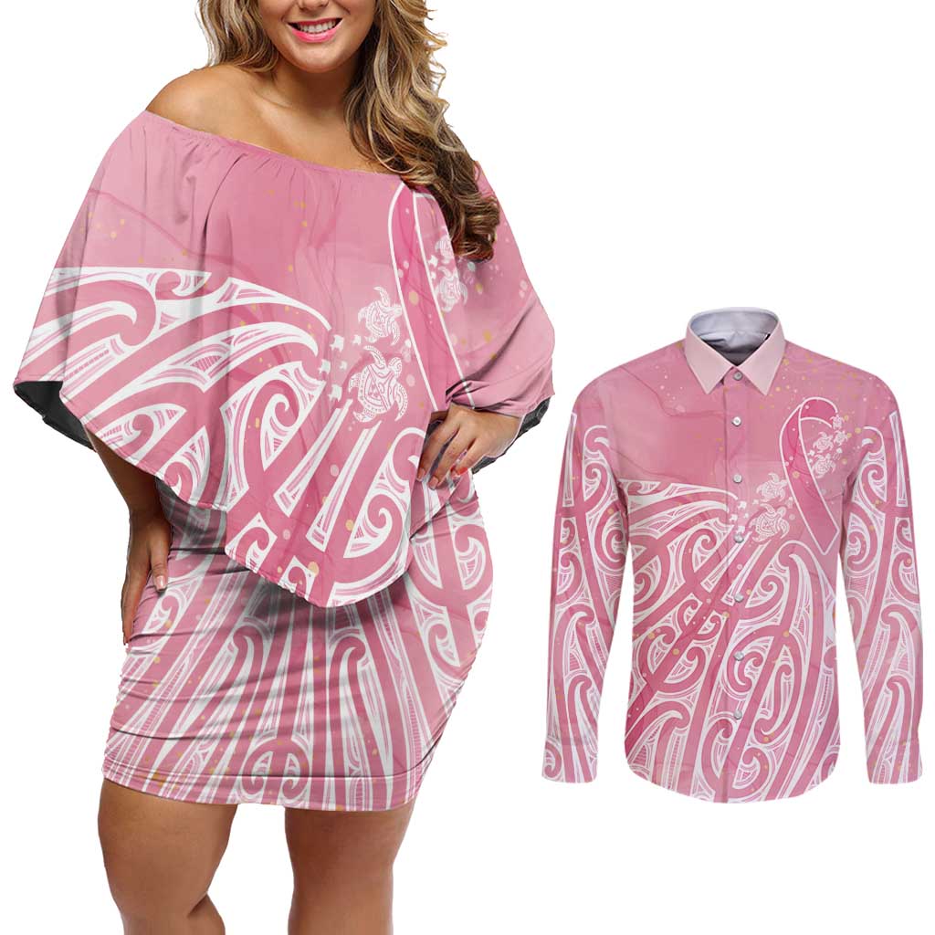 Breast Cancer Awareness Maori Couples Matching Off Shoulder Short Dress and Long Sleeve Button Shirt Kia Kaha Kia Maia Kia Manawanui - Vibe Hoodie