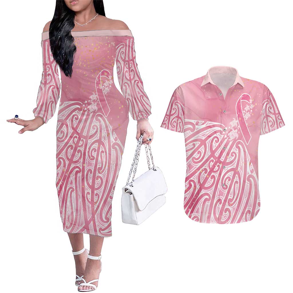 Breast Cancer Awareness Maori Couples Matching Off The Shoulder Long Sleeve Dress and Hawaiian Shirt Kia Kaha Kia Maia Kia Manawanui - Vibe Hoodie