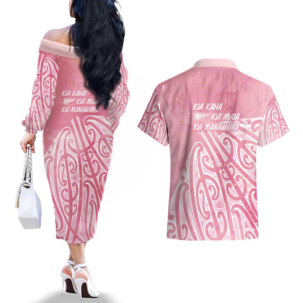 Breast Cancer Awareness Maori Couples Matching Off The Shoulder Long Sleeve Dress and Hawaiian Shirt Kia Kaha Kia Maia Kia Manawanui - Vibe Hoodie