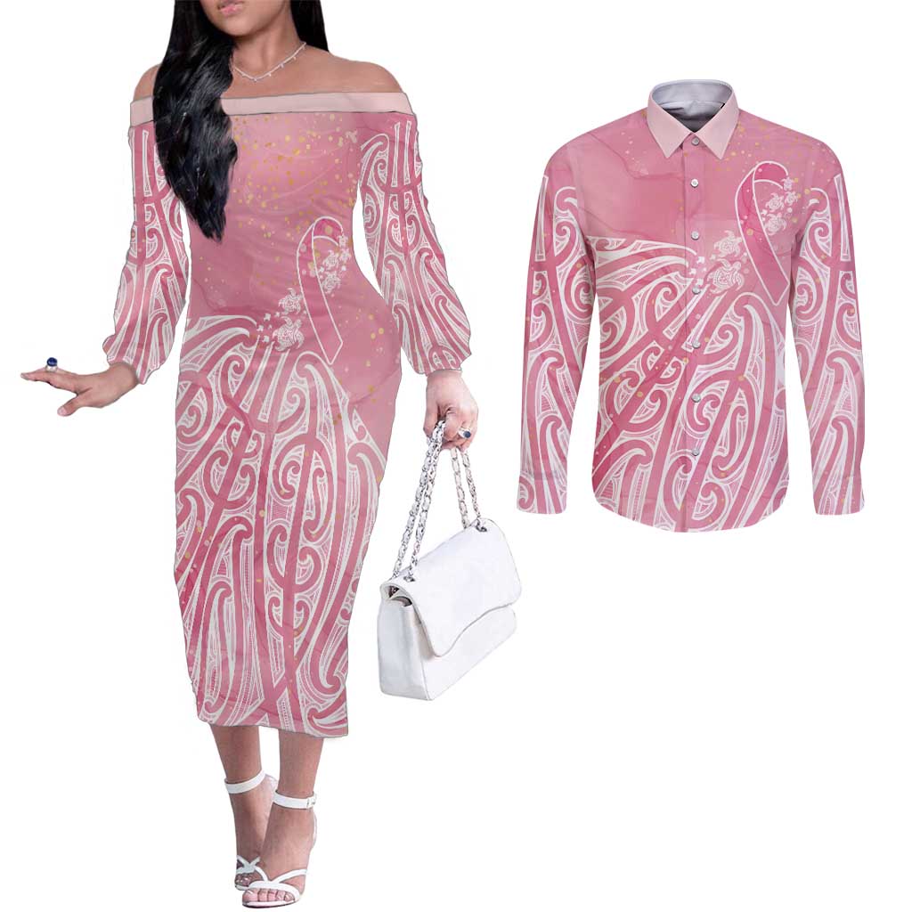 Breast Cancer Awareness Maori Couples Matching Off The Shoulder Long Sleeve Dress and Long Sleeve Button Shirt Kia Kaha Kia Maia Kia Manawanui - Vibe Hoodie