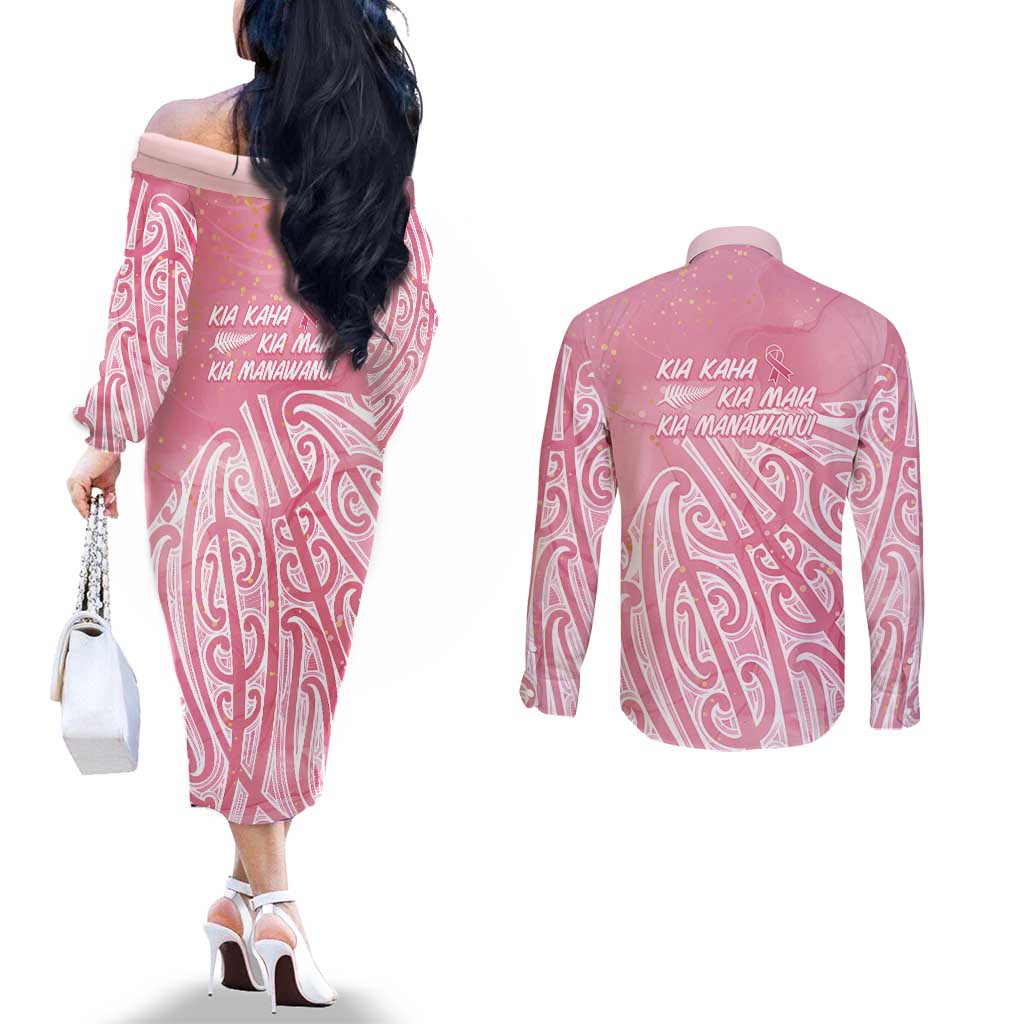 Breast Cancer Awareness Maori Couples Matching Off The Shoulder Long Sleeve Dress and Long Sleeve Button Shirt Kia Kaha Kia Maia Kia Manawanui - Vibe Hoodie